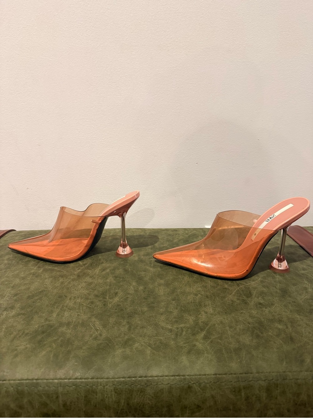 Zara Transparent Coral Pointed Mule Heels - Picture 3 of 7
